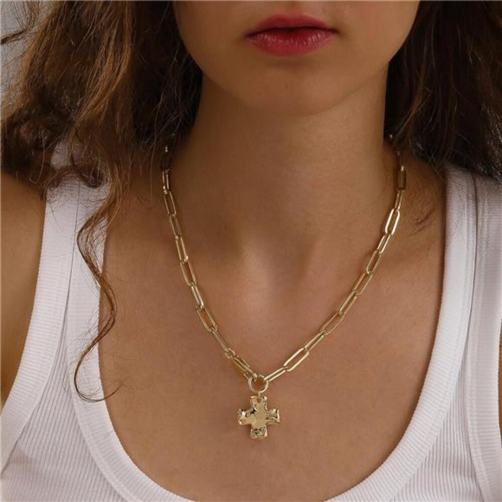 Chunky Cross Necklace for Women Trendy 14K Gold Silver Layered Statement Cross - Picture 3 of 7